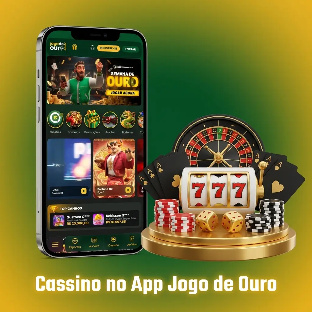 Seção de cassino do app Jogo de Ouro com slots, roleta, blackjack e dealers ao vivo em alta qualidade