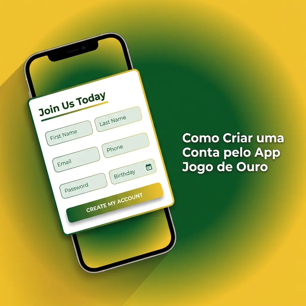 Tela do app Jogo de Ouro no iPhone mostrando o formulário de cadastro com campos de nome, e-mail e senha