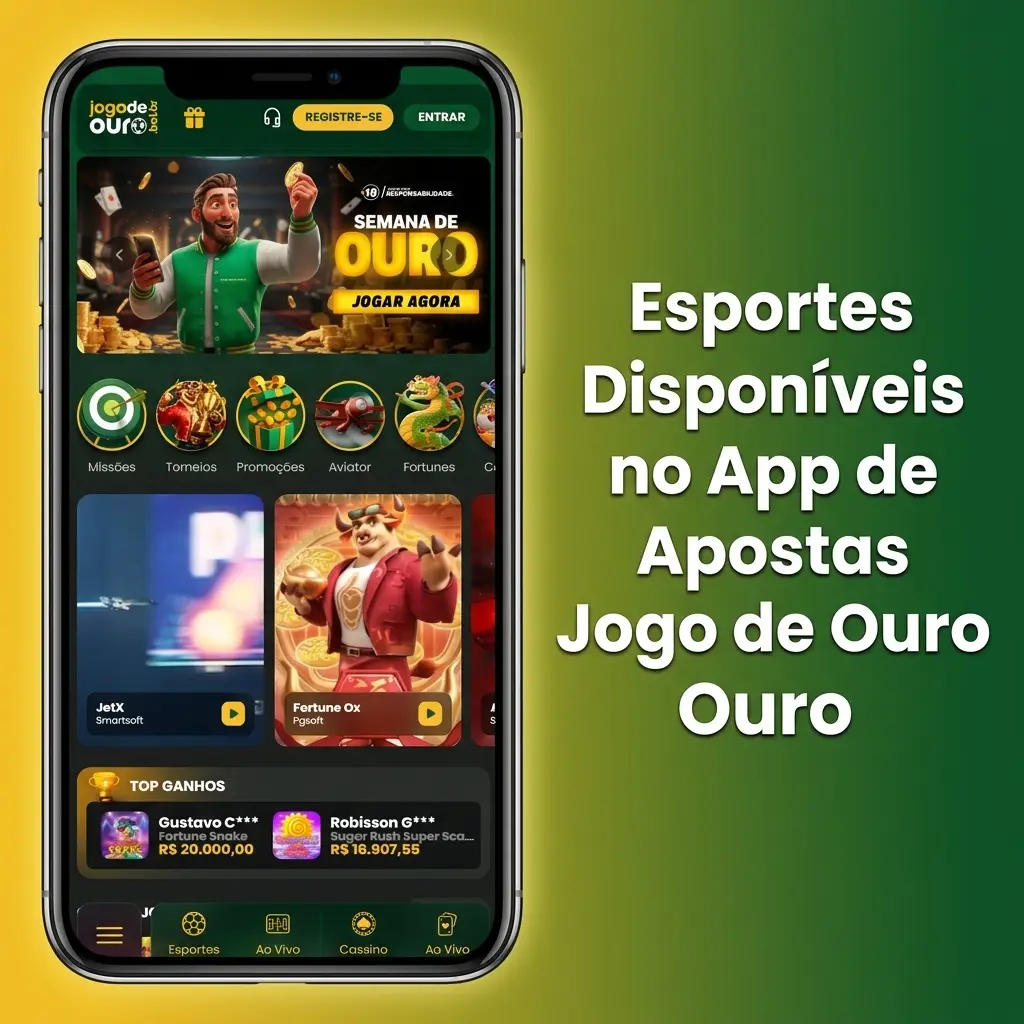 Esportes disponíveis no app Jogo de Ouro: futebol, basquete, tênis, MMA, eSports e mais modalidades para apostas