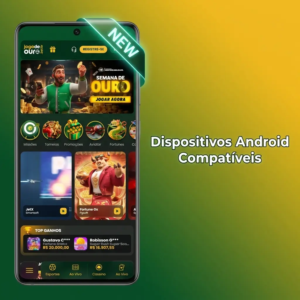 Dispositivos Android compatíveis com o app Jogo de Ouro, incluindo Samsung, Motorola, Xiaomi e outros modelos populares
