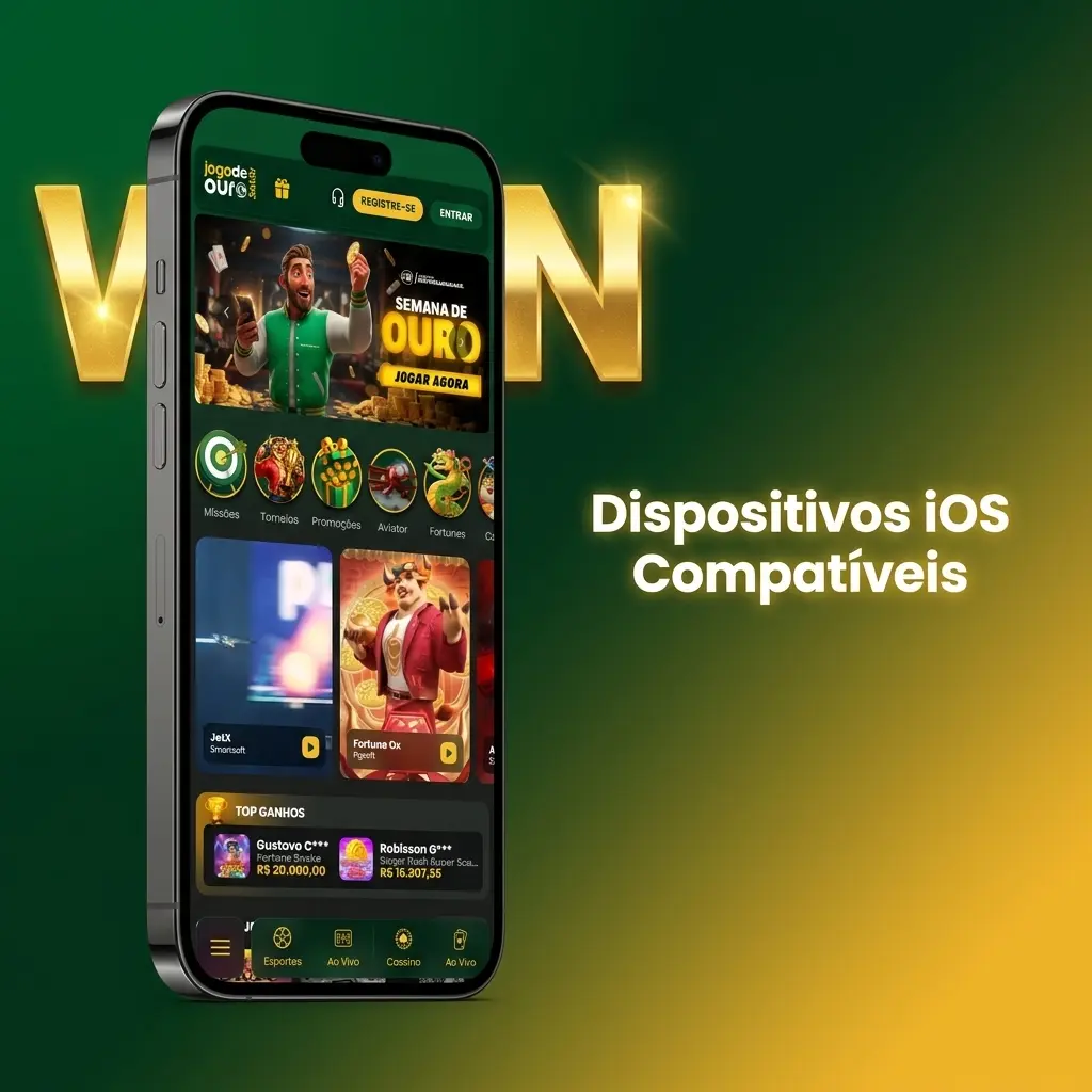 Dispositivos iOS compatíveis com o app Jogo de Ouro, incluindo iPhone X ao 15 e iPad Air e Pro