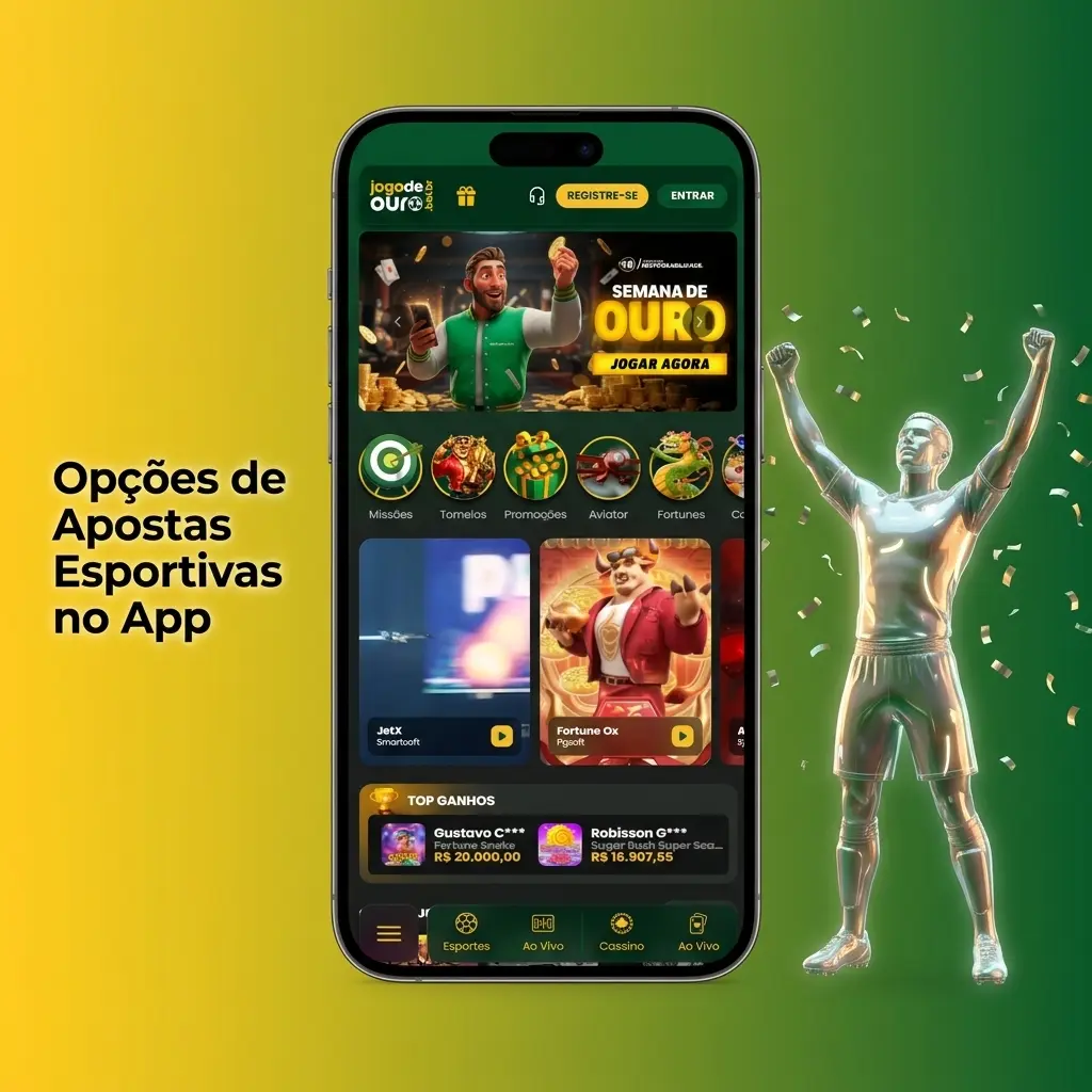Opções de apostas esportivas no app Jogo de Ouro com futebol, basquete, tênis, MMA e e-sports para brasileiros