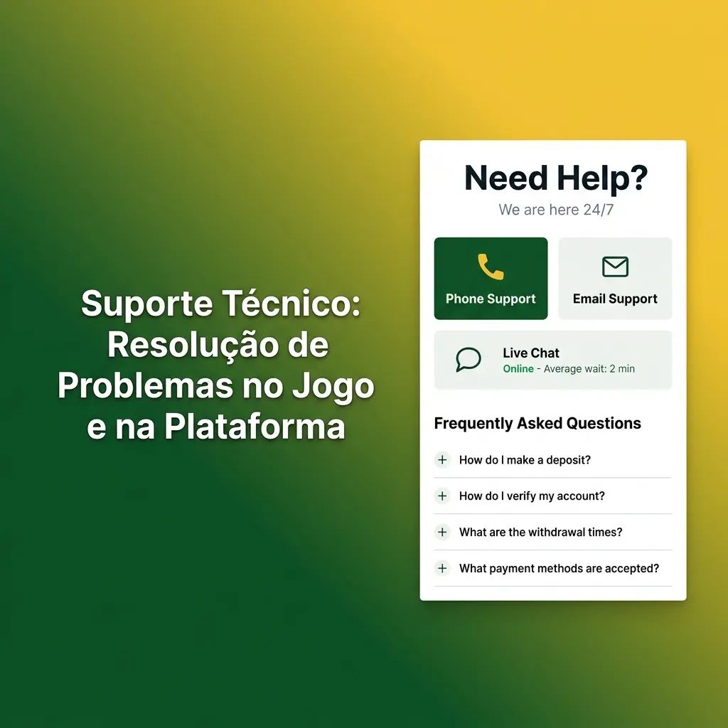 Suporte técnico para problemas de login, pagamentos e jogos na plataforma, com chat ao vivo e e-mail disponíveis.