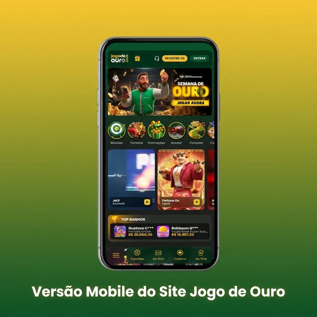 Site móvel do Jogo de Ouro com layout responsivo em smartphone, compatível com Chrome, Safari e Firefox