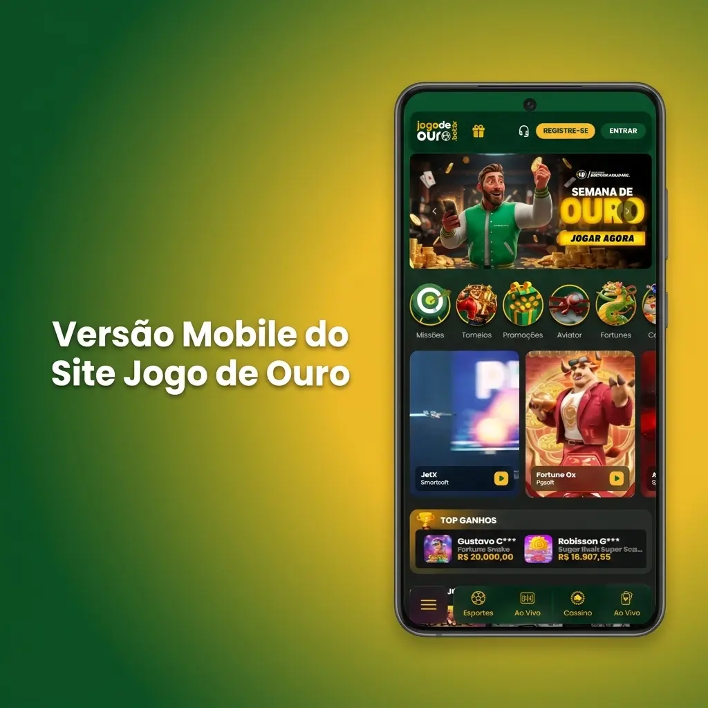 Versão mobile do site Jogo de Ouro acessível em smartphone e tablet com apostas, cassino ao vivo e Pix